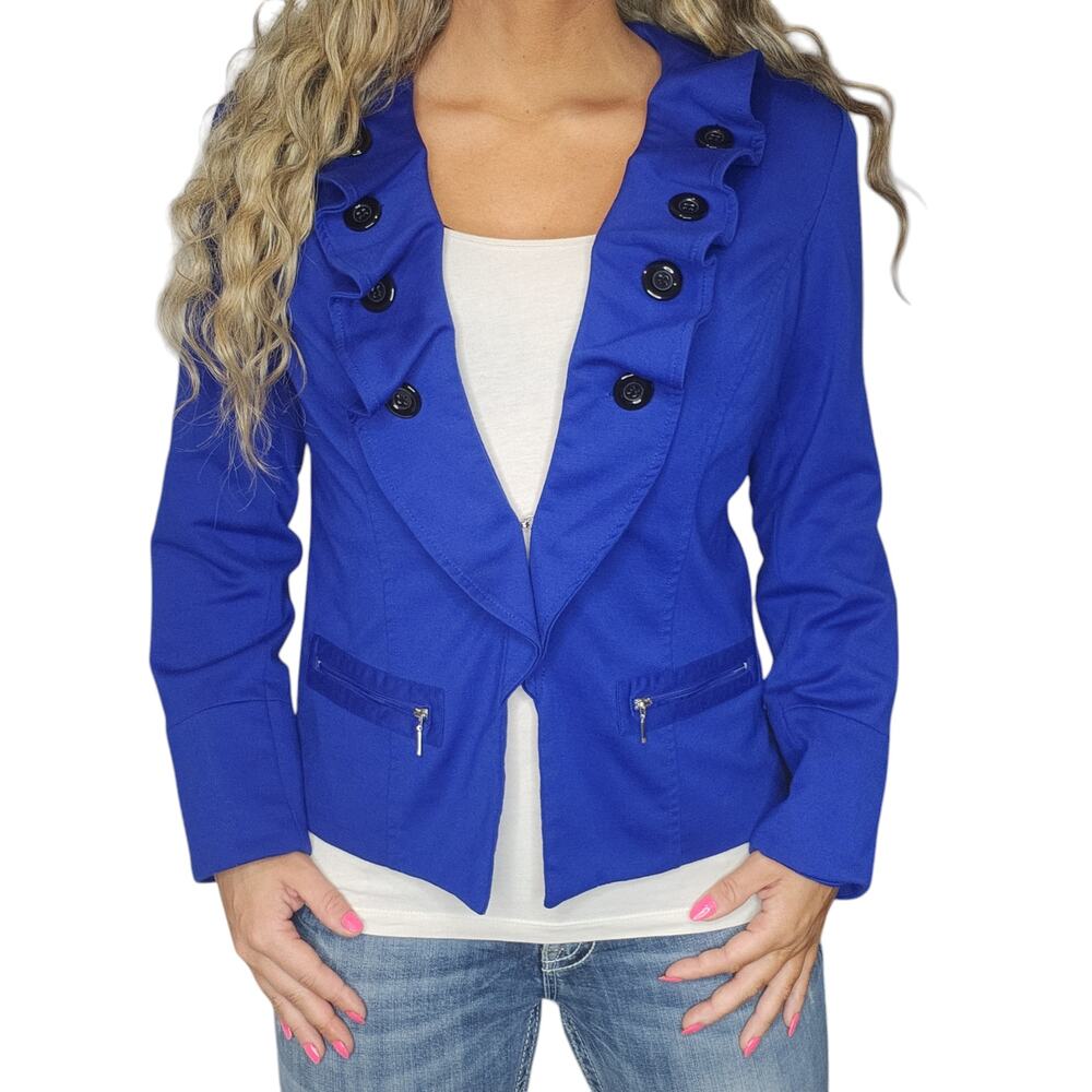 Royal Blue Blazer Womens Medium Ruffle Buttons Shoulder Pads Zippers Dressy